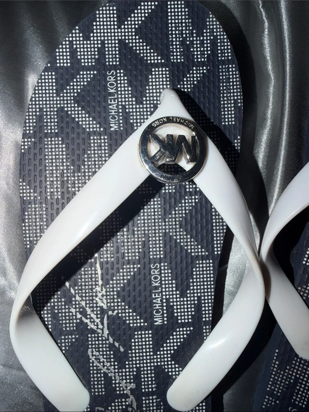Michael Kors Navy Logo Kids Flip Flops with White Straps